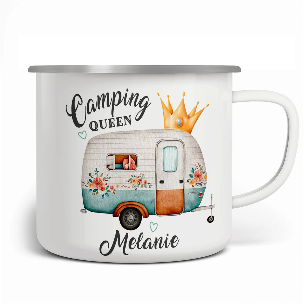 Personalisierte Camping Queen Emaille Tasse, Vintage Wohnwagen Design, Geschenk für Camper, Outdoor Kaffeebecher, Floral, Mit Namen (E-7416) - von Mikalino