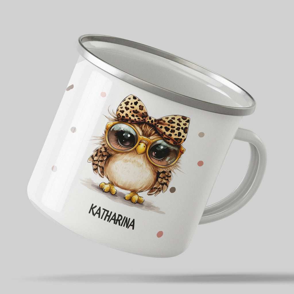 Emaille Tasse Niedliche Eulen Brille Tassen Leopard Schleife mit Name personalisiert & Motiv | Geschenkidee (7475) - von Mikalino