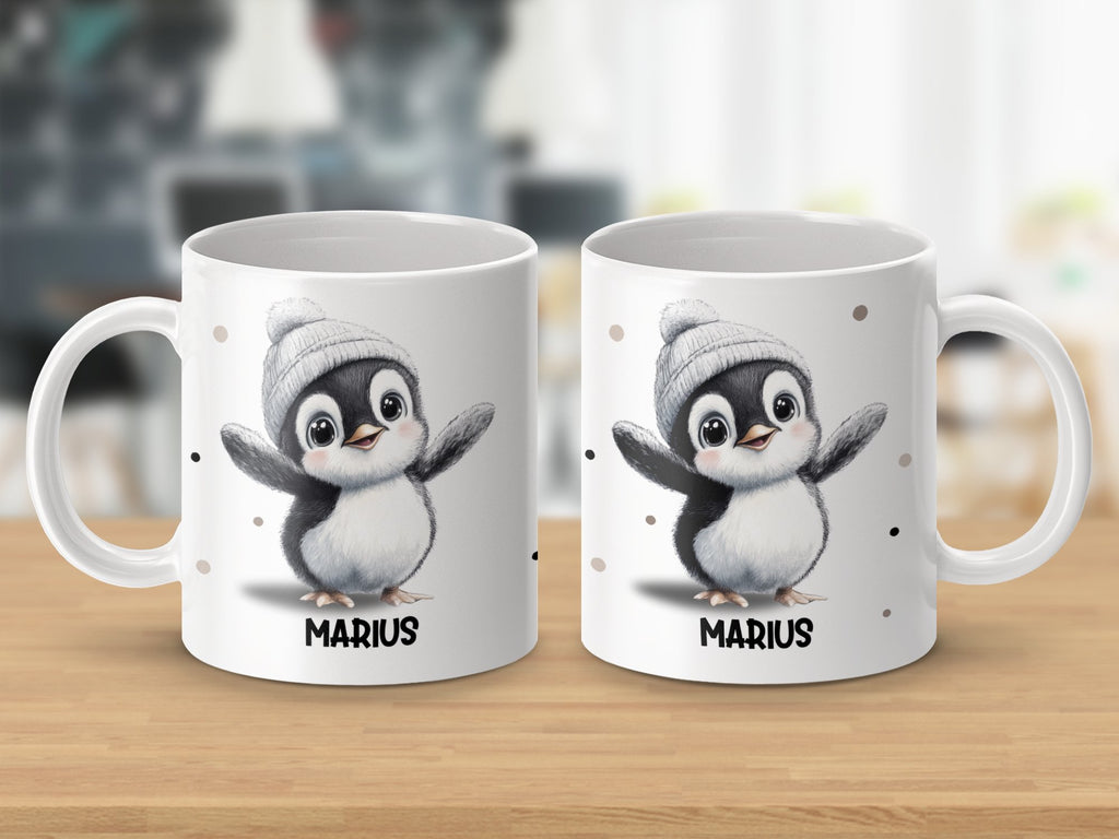 Keramik Tasse mit Wunschname niedlicher Pinguin - von Mikalino