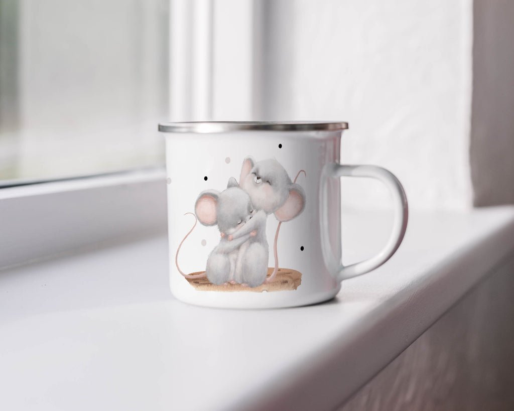 Emaille Tasse Bezaubernde Knuddelnd Mäuse Design Kaffeebecher mit Name personalisiert & Motiv | Geschenkidee (7484) - von Mikalino