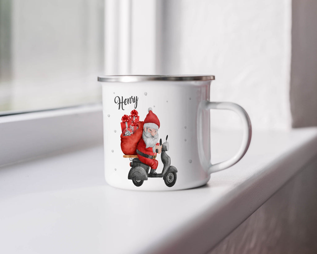 Emaille Tasse Weihnachtsmann auf Motorroller mit Geschenken Weihnachten mit Name personalisiert & Motiv | Geschenkidee (7471) - von Mikalino