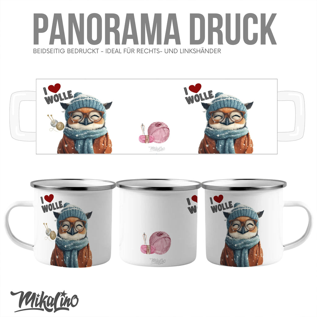 Emaille Tasse Süße Eule mit Brille und Schal I love Wolle mit Name personalisiert & Motiv | Geschenkidee (7474) - von Mikalino