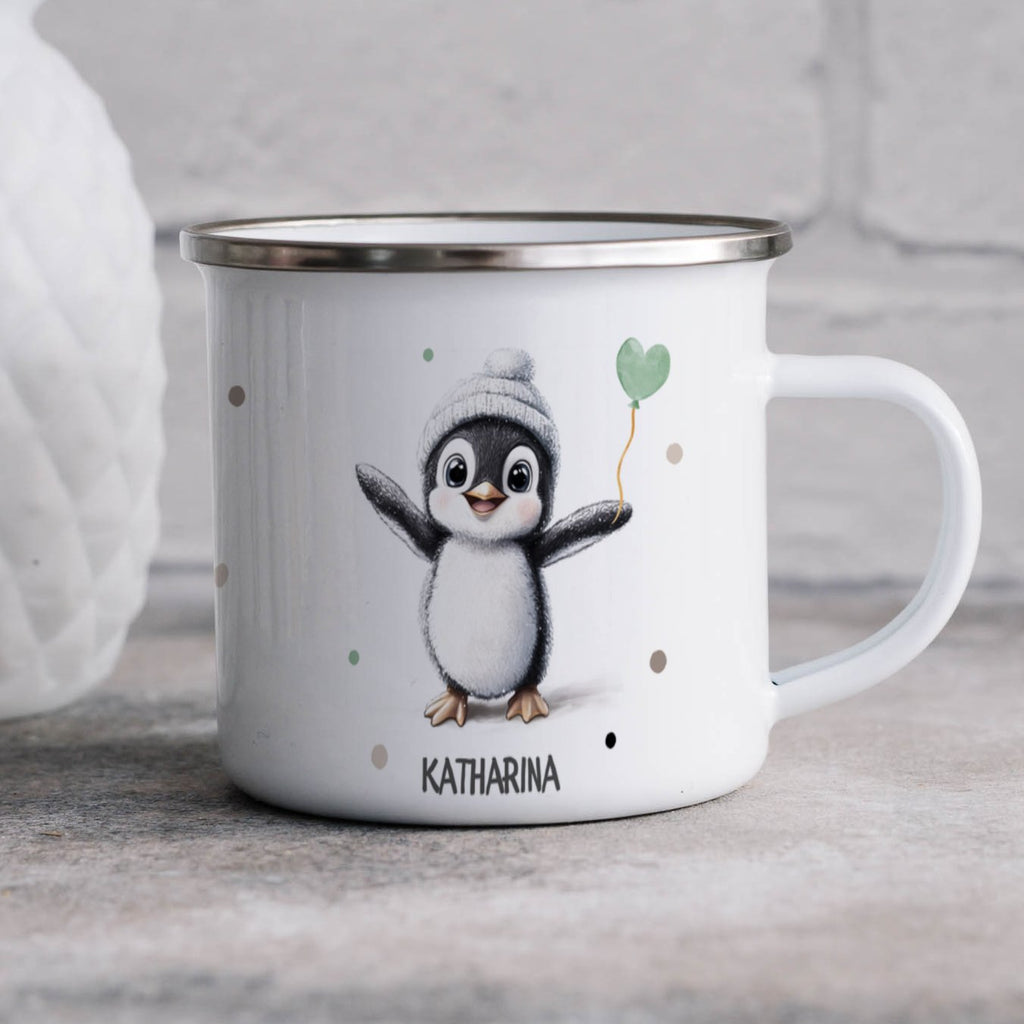 Emaille Tasse Pinguin mit Herzballon Katharina mit Name personalisiert & Motiv | Geschenkidee (7480) - von Mikalino