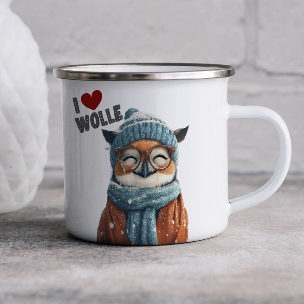 Emaille Tasse Süße Eule mit Brille und Schal I love Wolle mit Name personalisiert & Motiv | Geschenkidee (7474) - von Mikalino