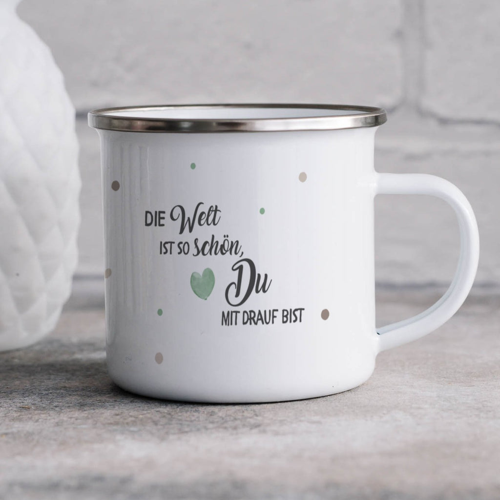 Emaille Tasse Die Welt ist so schön Du mit drauf bist mit Name personalisiert & Motiv | Geschenkidee (7478) - von Mikalino