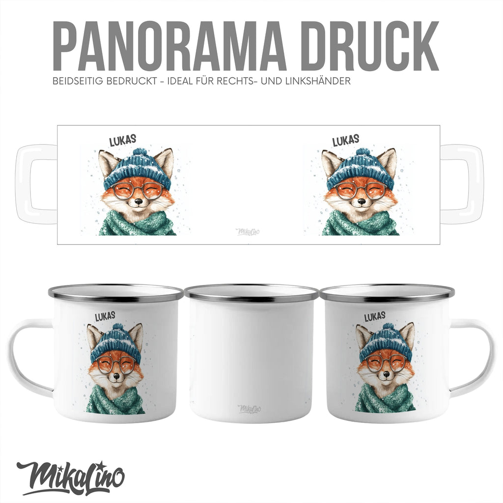 Emaille Tasse Süßer Fuchs mit Brille und Mütze Motiv mit Name personalisiert & Motiv | Geschenkidee (7489) - von Mikalino