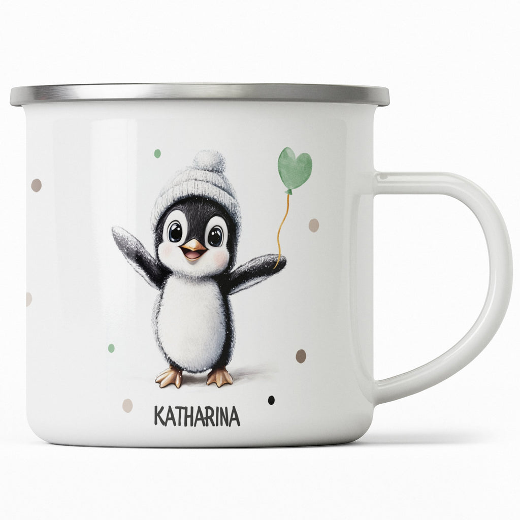 Emaille Tasse Pinguin mit Herzballon Katharina mit Name personalisiert & Motiv | Geschenkidee (7480) - von Mikalino