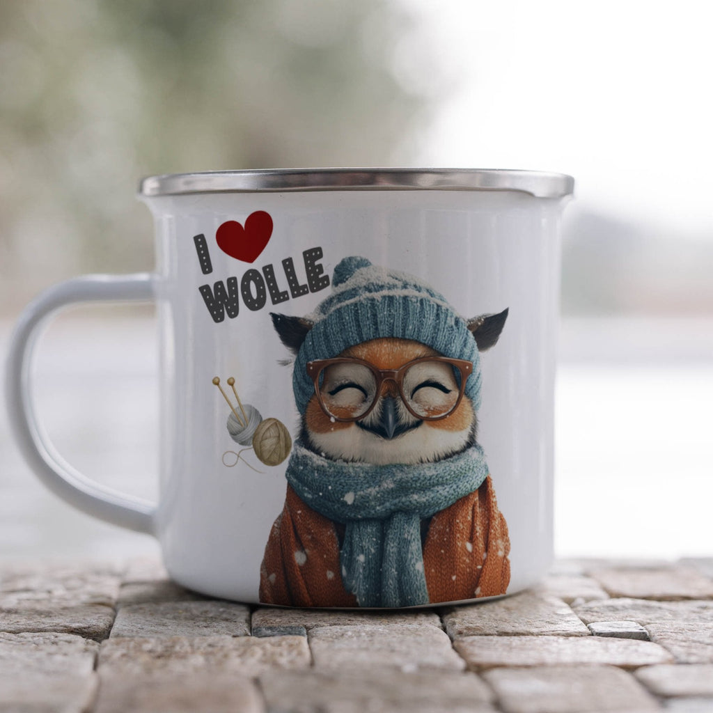 Emaille Tasse Süße Eule mit Brille und Schal I love Wolle mit Name personalisiert & Motiv | Geschenkidee (7474) - von Mikalino