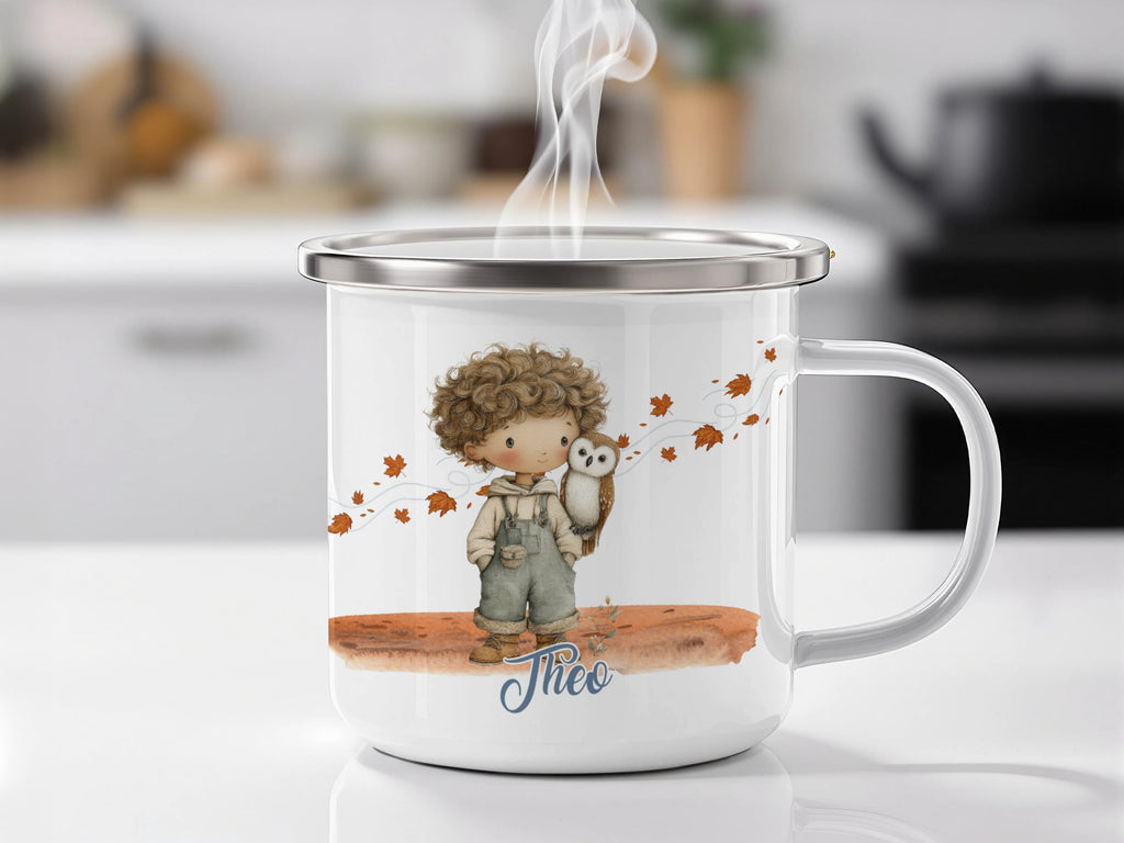 Adorable Boy with Owl Fall Design Mug Product