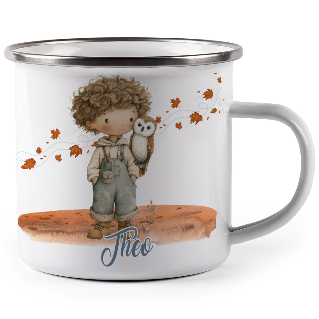 Cute Autumn Boy Theo Owl Design Enamel Mug product type