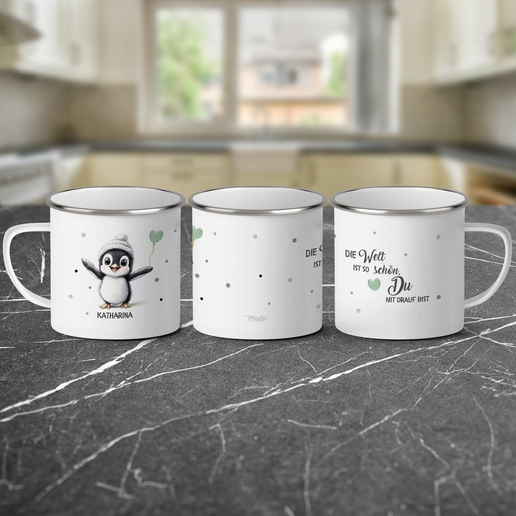 Emaille Tasse Die Welt ist so schön Du mit drauf bist mit Name personalisiert & Motiv | Geschenkidee (7479) - von Mikalino