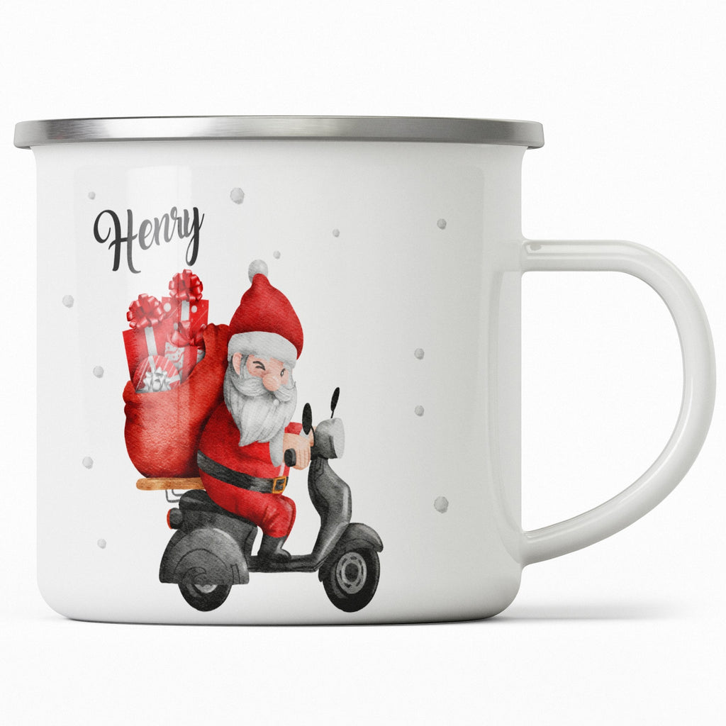 Emaille Tasse Weihnachtsmann auf Motorroller mit Geschenken Weihnachten mit Name personalisiert & Motiv | Geschenkidee (7471) - von Mikalino