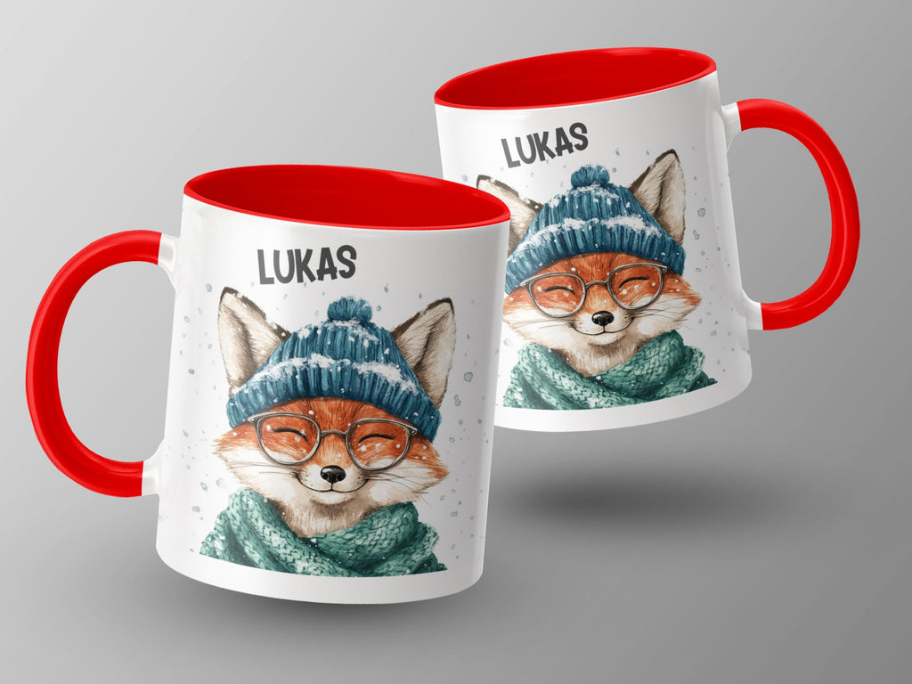 Keramik Tasse mit Wunschname Lustige Fuchs Illustration - von Mikalino