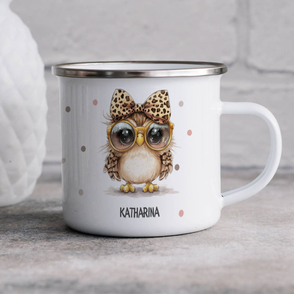 Emaille Tasse Niedliche Eulen Brille Tassen Leopard Schleife mit Name personalisiert & Motiv | Geschenkidee (7475) - von Mikalino