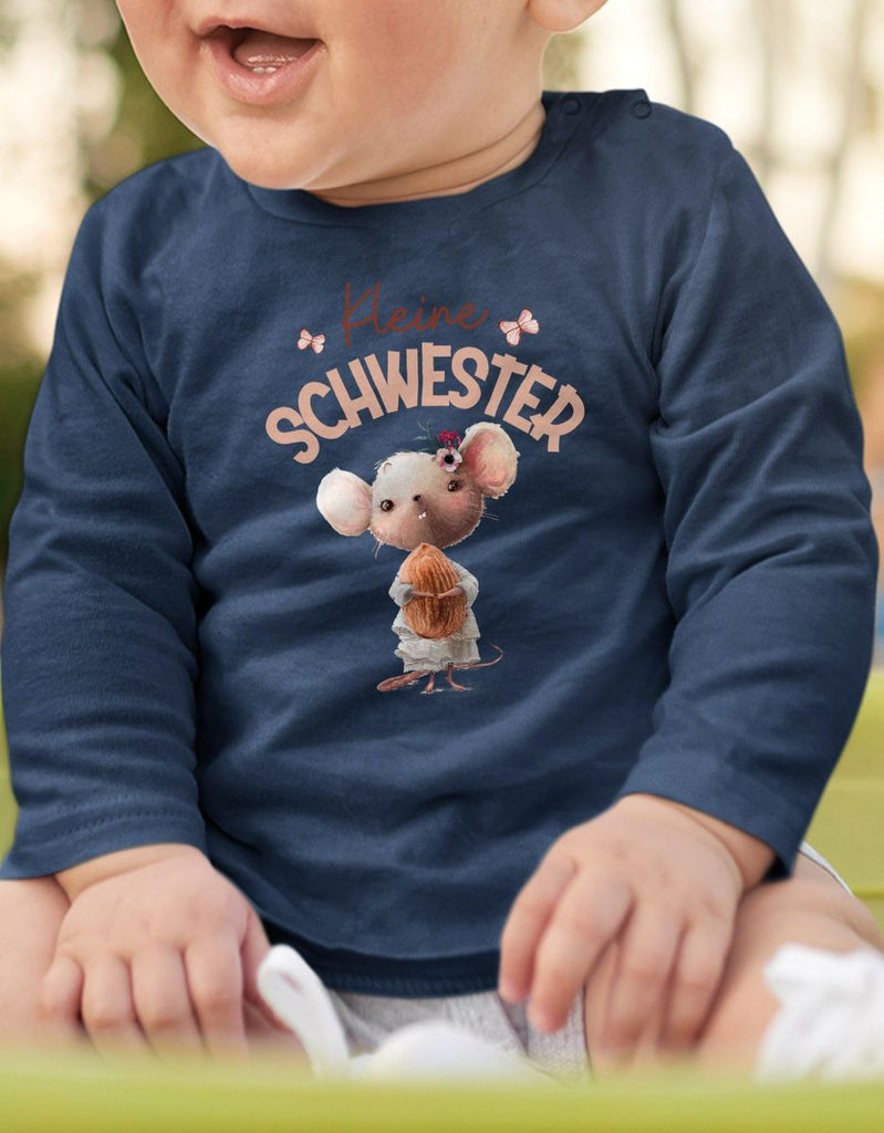 Baby / Kinder Longsleeve langarm Kleine Schwester Maus mit Mandel im Arm - von Mikalino