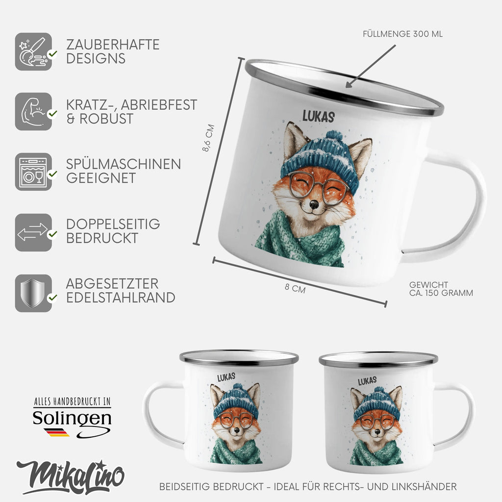 Emaille Tasse Süßer Fuchs mit Brille und Mütze Motiv mit Name personalisiert & Motiv | Geschenkidee (7489) - von Mikalino