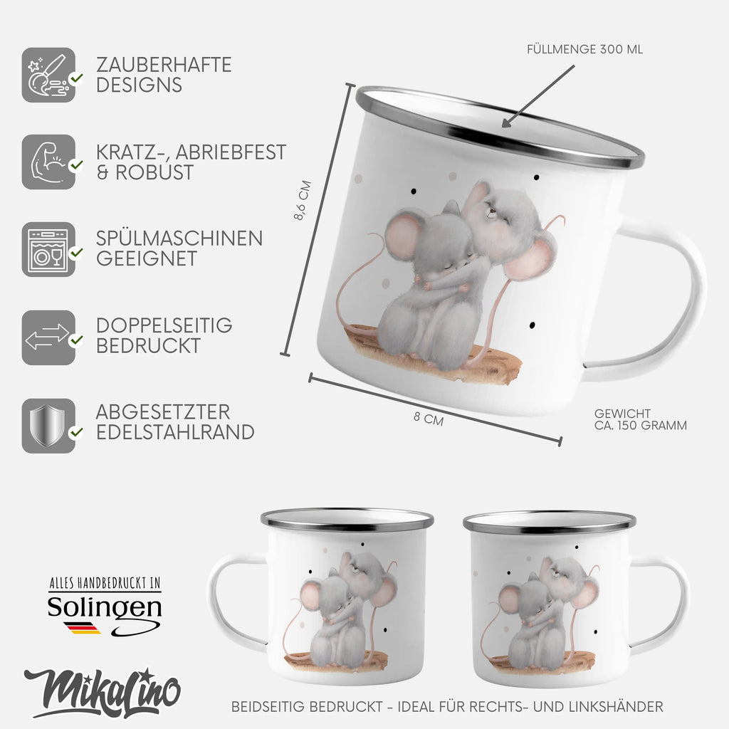 Emaille Tasse Bezaubernde Knuddelnd Mäuse Design Kaffeebecher mit Name personalisiert & Motiv | Geschenkidee (7484) - von Mikalino