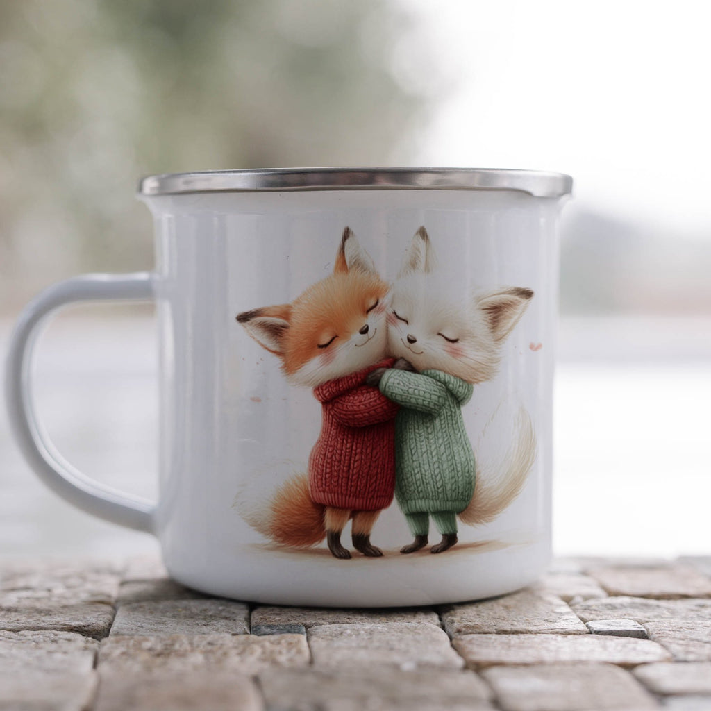 Emaille Tasse Niedliche Umarmung der Füchse Illustration mit Name personalisiert & Motiv | Geschenkidee (7486) - von Mikalino