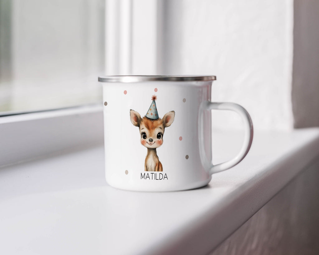 Emaille Tasse Niedliches Hirsch Matilda Design Kaffeetasse mit Name personalisiert & Motiv | Geschenkidee (7476) - von Mikalino