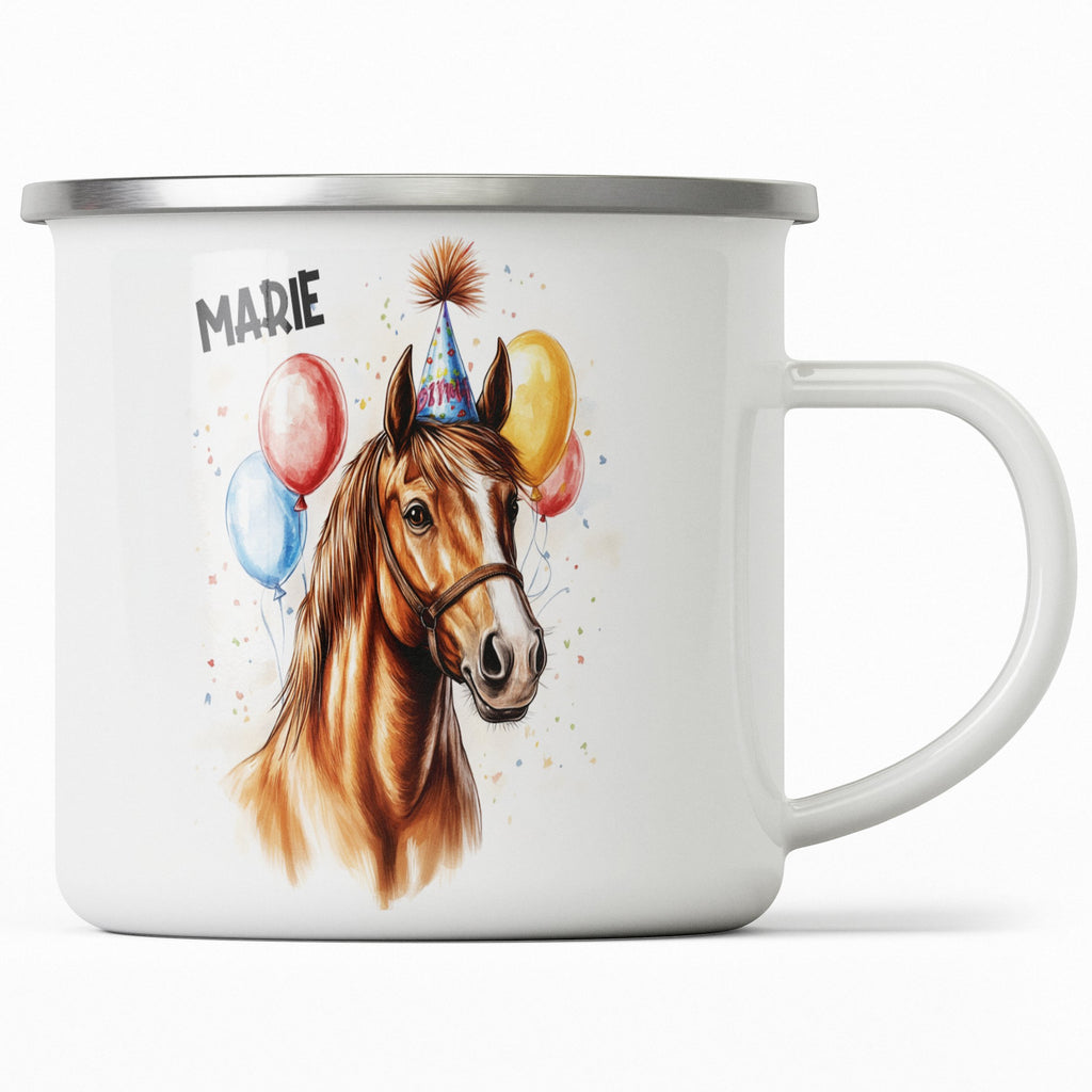 Emaille Tasse Schöne Party-Pferdebecher mit bunten Ballons mit Name personalisiert & Motiv | Geschenkidee (7494) - von Mikalino