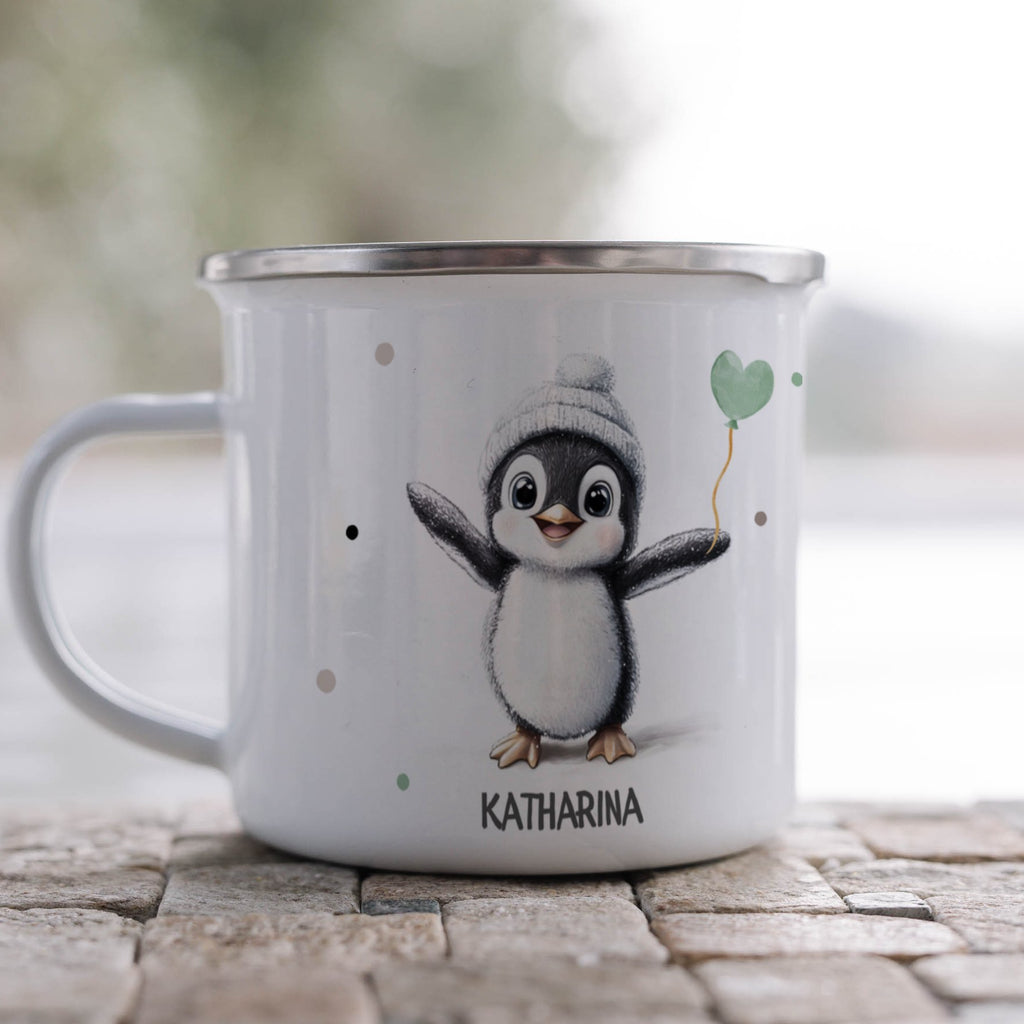 Emaille Tasse Pinguin mit Herzballon Katharina mit Name personalisiert & Motiv | Geschenkidee (7480) - von Mikalino