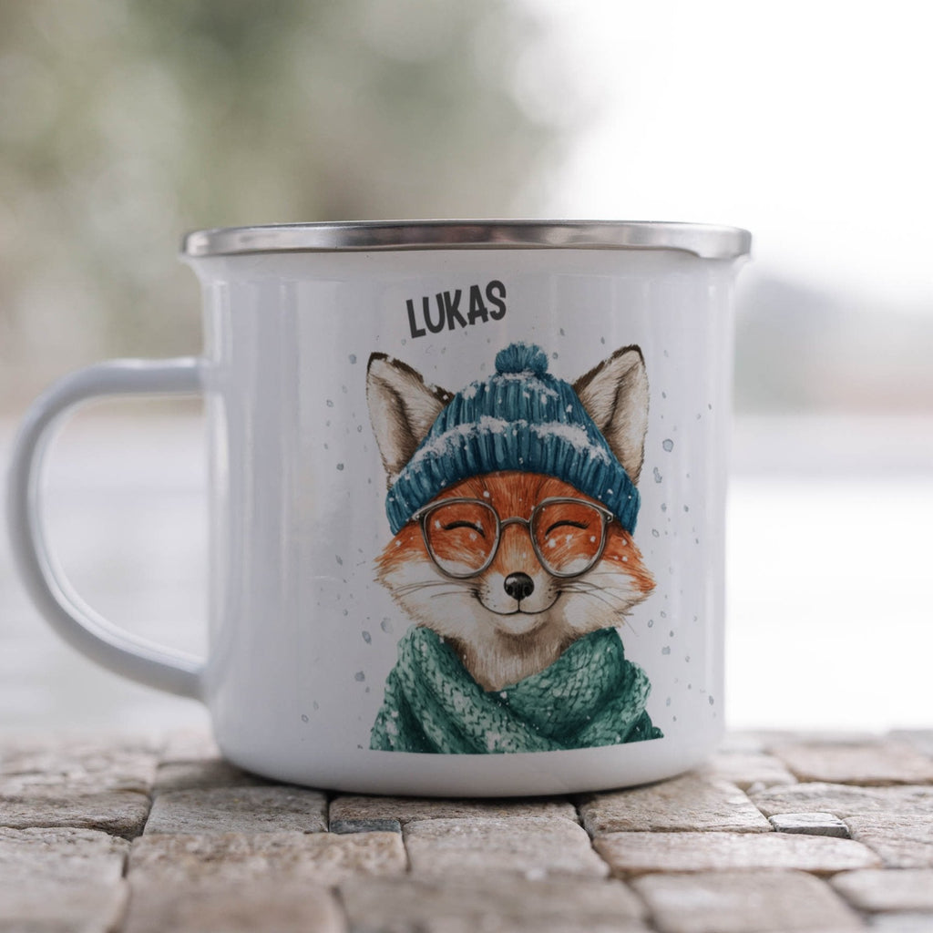 Emaille Tasse Süßer Fuchs mit Brille und Mütze Motiv mit Name personalisiert & Motiv | Geschenkidee (7489) - von Mikalino