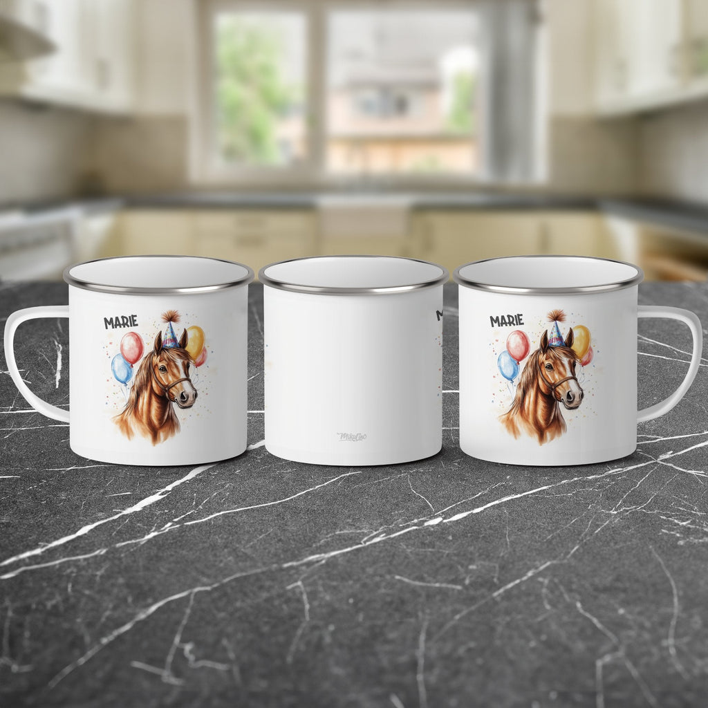 Emaille Tasse Schöne Party-Pferdebecher mit bunten Ballons mit Name personalisiert & Motiv | Geschenkidee (7494) - von Mikalino