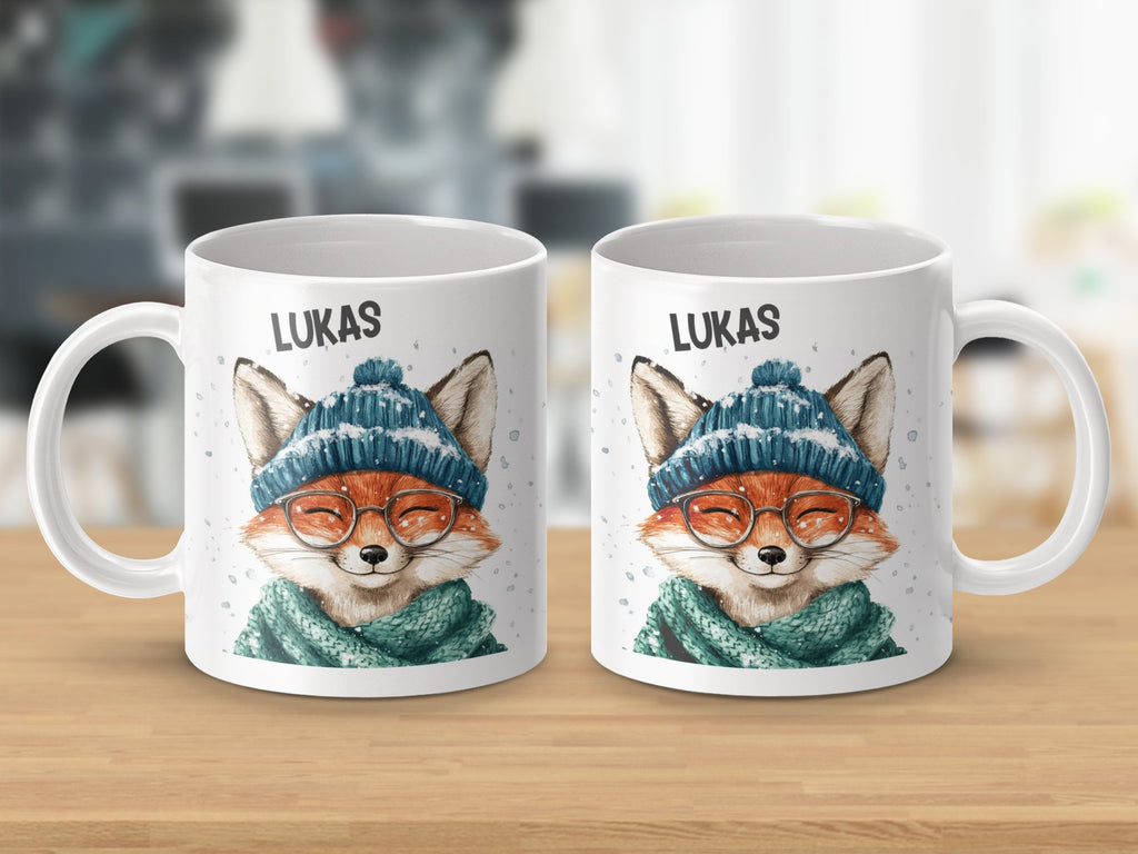 Keramik Tasse mit Wunschname Lustige Fuchs Illustration - von Mikalino