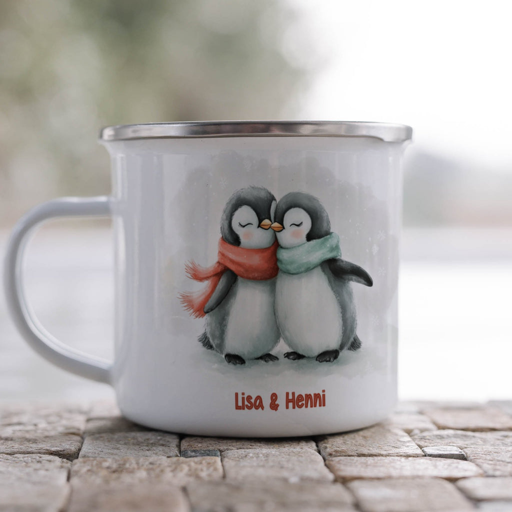 Emaille Tasse Pinguin Pärchen mit Namen Lisa und Henri Design mit Name personalisiert & Motiv | Geschenkidee (7487) - von Mikalino