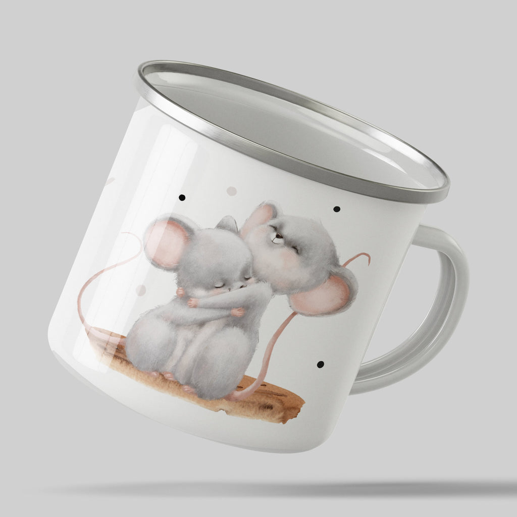 Emaille Tasse Bezaubernde Knuddelnd Mäuse Design Kaffeebecher mit Name personalisiert & Motiv | Geschenkidee (7484) - von Mikalino