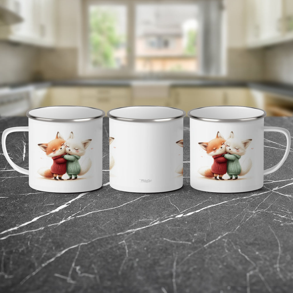 Emaille Tasse Niedliche Umarmung der Füchse Illustration mit Name personalisiert & Motiv | Geschenkidee (7486) - von Mikalino