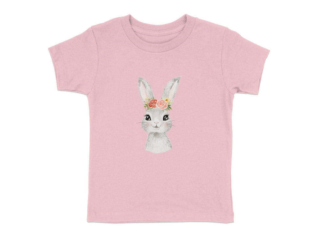 Kinder T-Shirt mit niedlichem Häschen, Blumenkranz, Rosa Blüten, Frühlingsmode, Geschenk für Ostern, Mädchen Shirt - von Mikalino