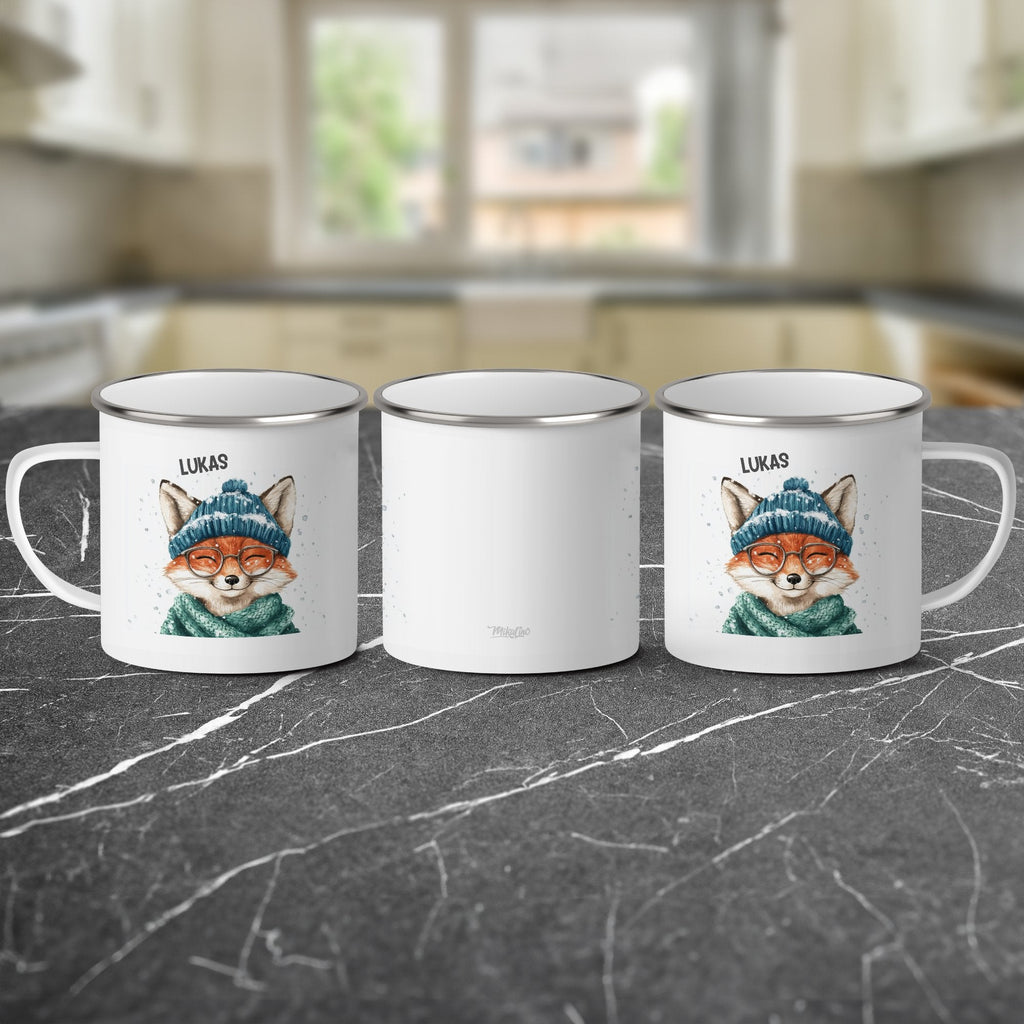 Emaille Tasse Süßer Fuchs mit Brille und Mütze Motiv mit Name personalisiert & Motiv | Geschenkidee (7489) - von Mikalino