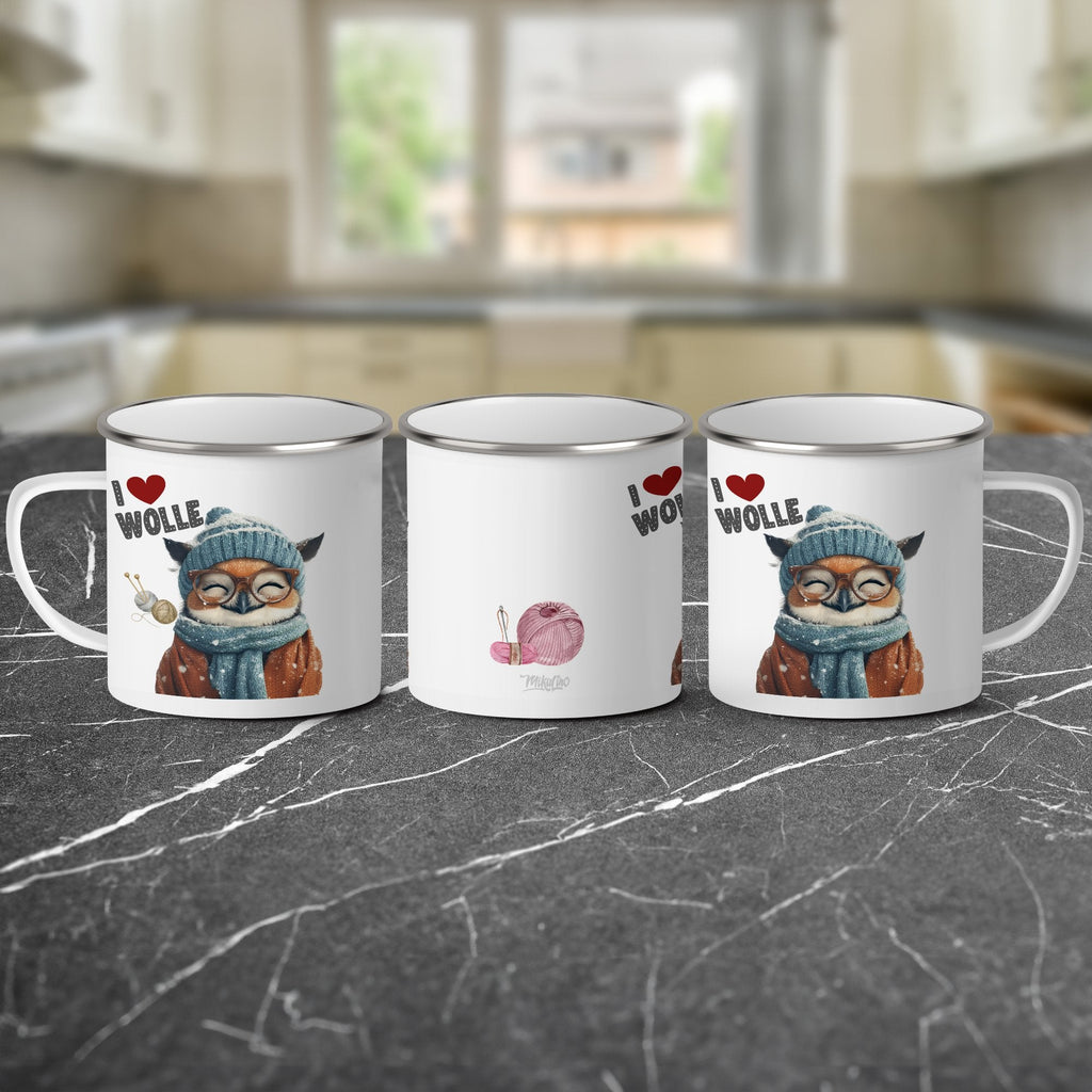 Emaille Tasse Süße Eule mit Brille und Schal I love Wolle mit Name personalisiert & Motiv | Geschenkidee (7474) - von Mikalino