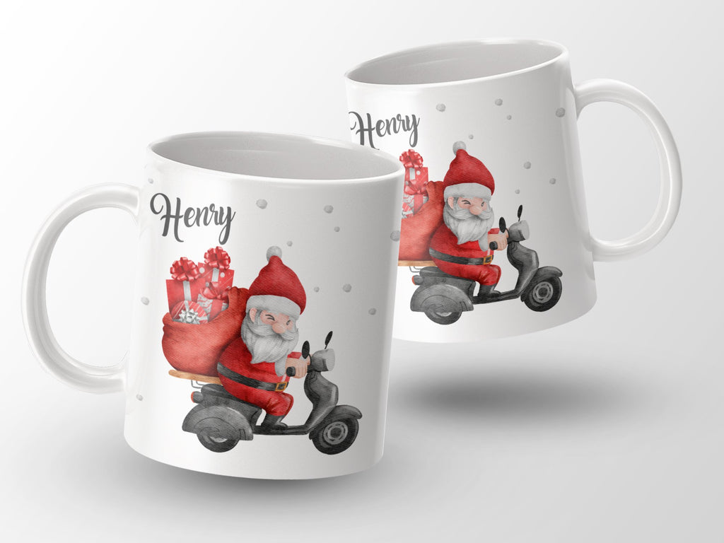 Keramik Tasse mit Name Weihnachtsmann auf Motorroller - von Mikalino