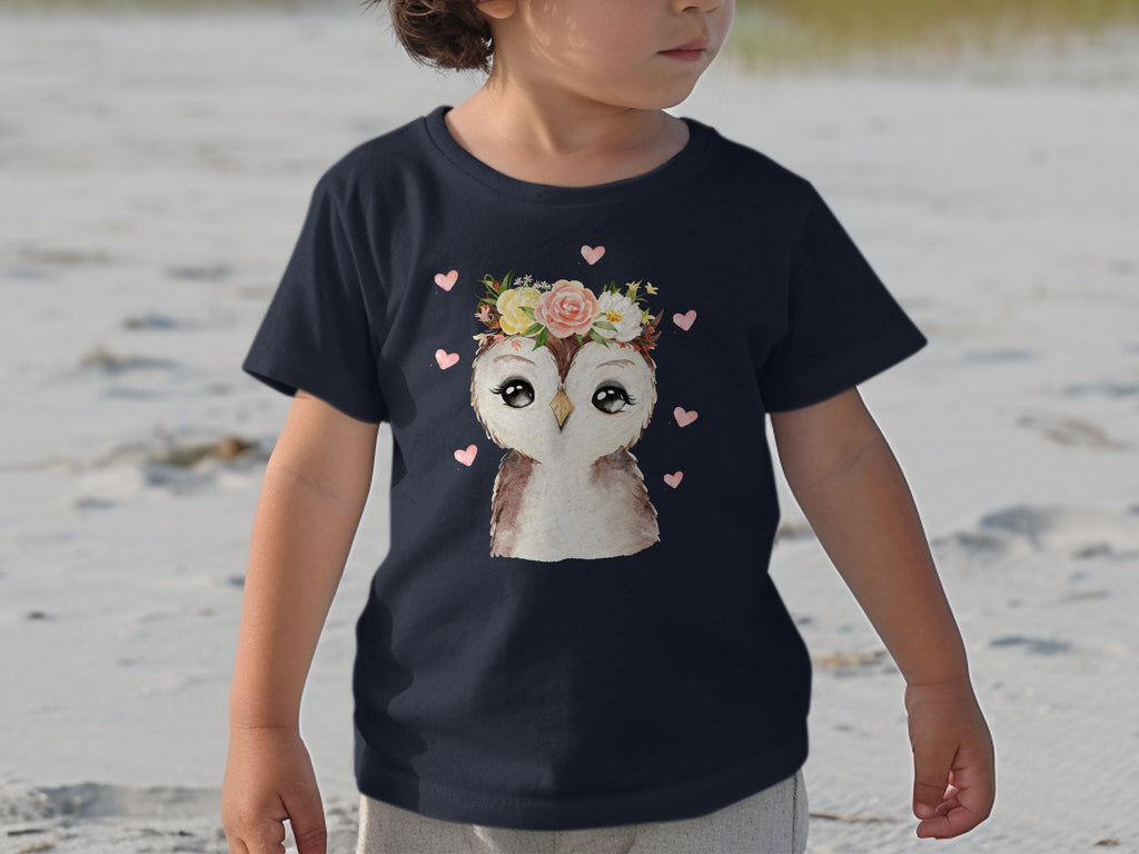 Kinder T-Shirt mit niedlicher Eule, Blumenkranz Motiv, Geschenk für Mädchen, Bio-Baumwolle - von Mikalino