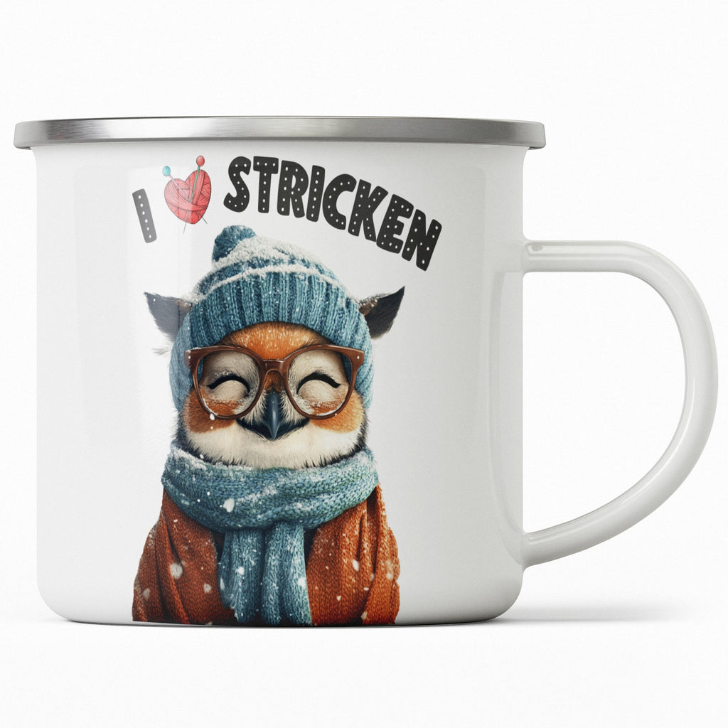 Emaille Tasse I love Stricken Eule Design Kaffeetassen Becher mit Name personalisiert & Motiv | Geschenkidee (7475) - von Mikalino