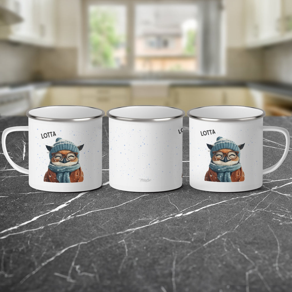 Emaille Tasse Niedlicher Eulen Winter Design Kaffeebecher mit Name personalisiert & Motiv | Geschenkidee (7490) - von Mikalino