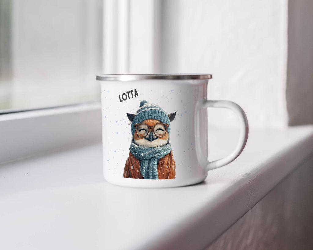 Emaille Tasse Niedlicher Eulen Winter Design Kaffeebecher mit Name personalisiert & Motiv | Geschenkidee (7490) - von Mikalino