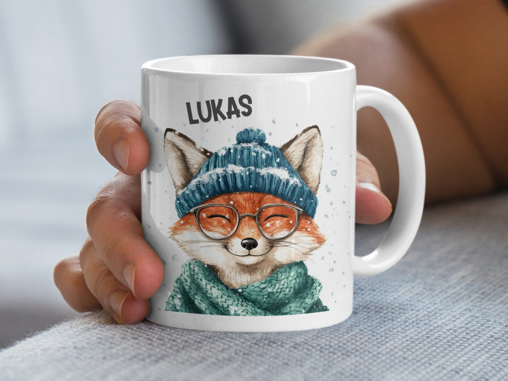 Keramik Tasse mit Wunschname Lustige Fuchs Illustration - von Mikalino