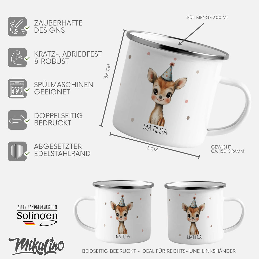 Emaille Tasse Niedliches Hirsch Matilda Design Kaffeetasse mit Name personalisiert & Motiv | Geschenkidee (7476) - von Mikalino