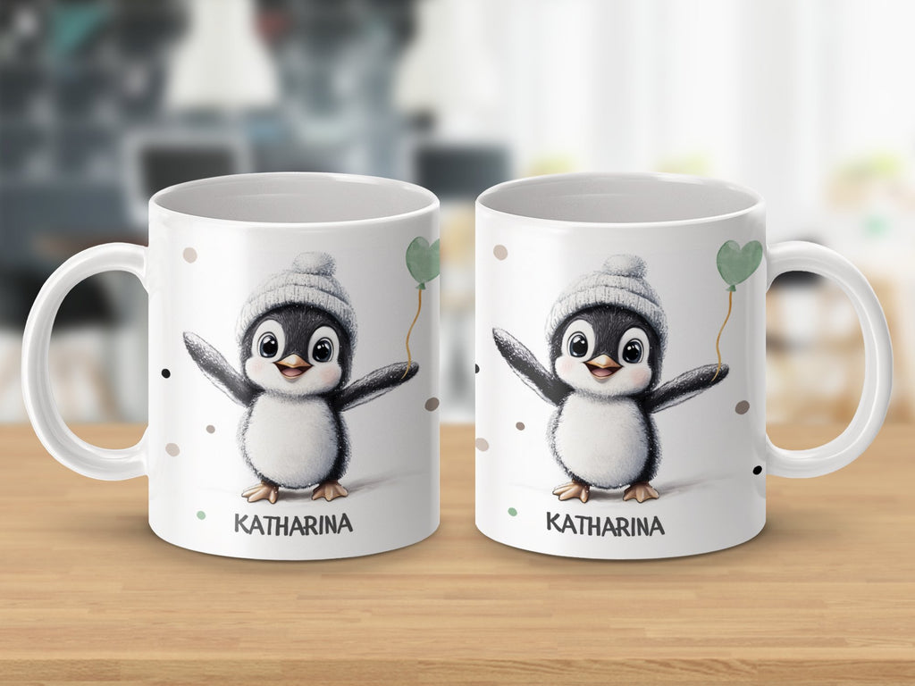 Keramik Tasse mit Wunschname Pinguin - von Mikalino