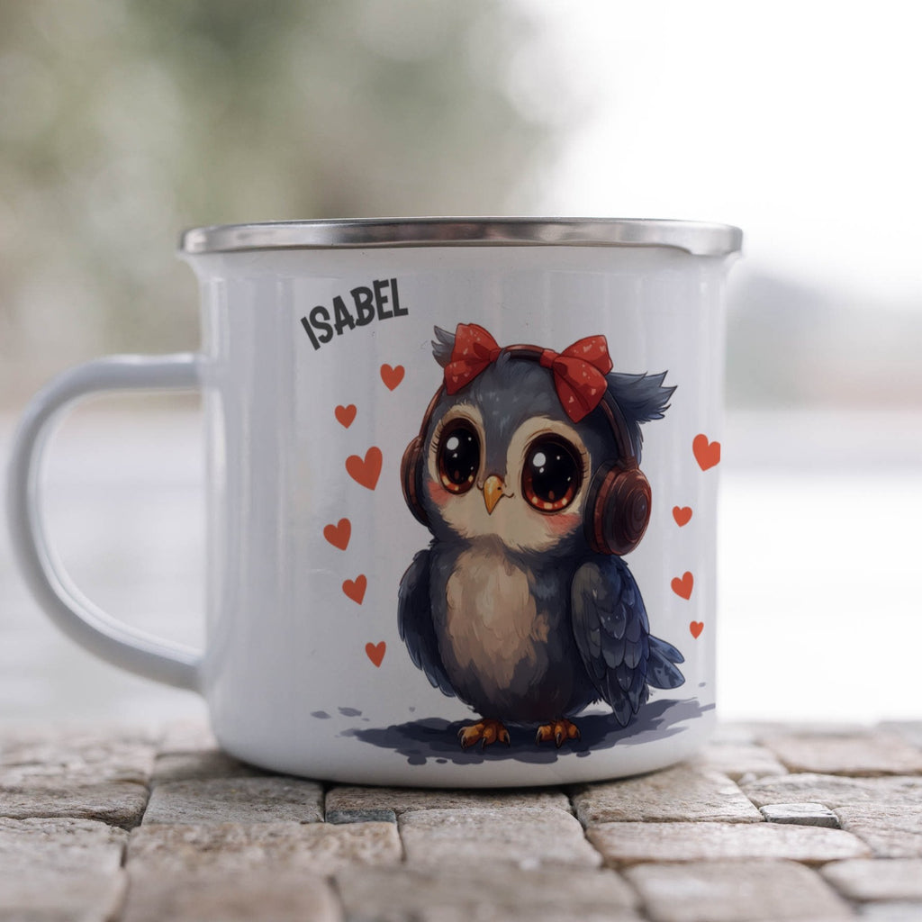 Emaille Tasse Süße Eule mit roten Herzen Kaffeetassen mit Name personalisiert & Motiv | Geschenkidee (7476) - von Mikalino