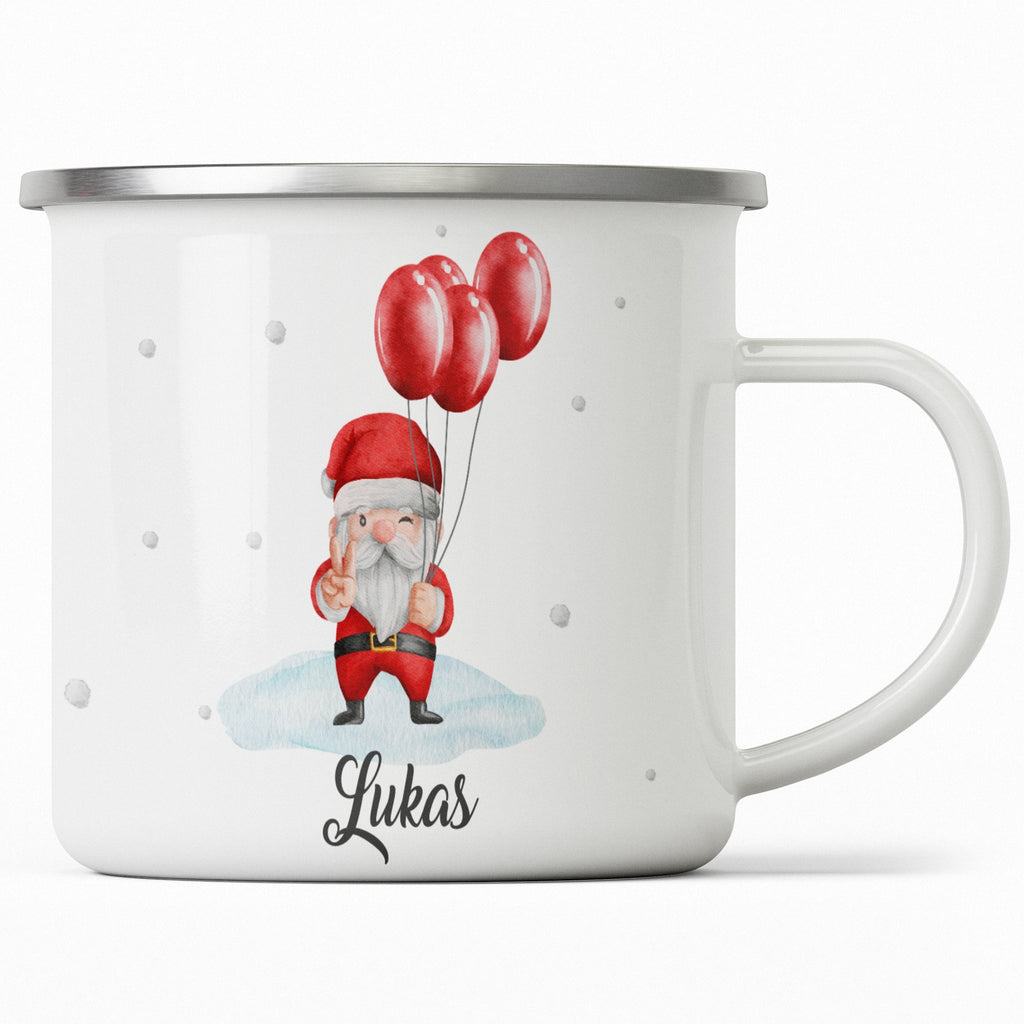 Emaille Tasse Weihnachtsmann mit Luftballons und Name Weihnachten mit Name personalisiert & Motiv | Geschenkidee (7470) - von Mikalino