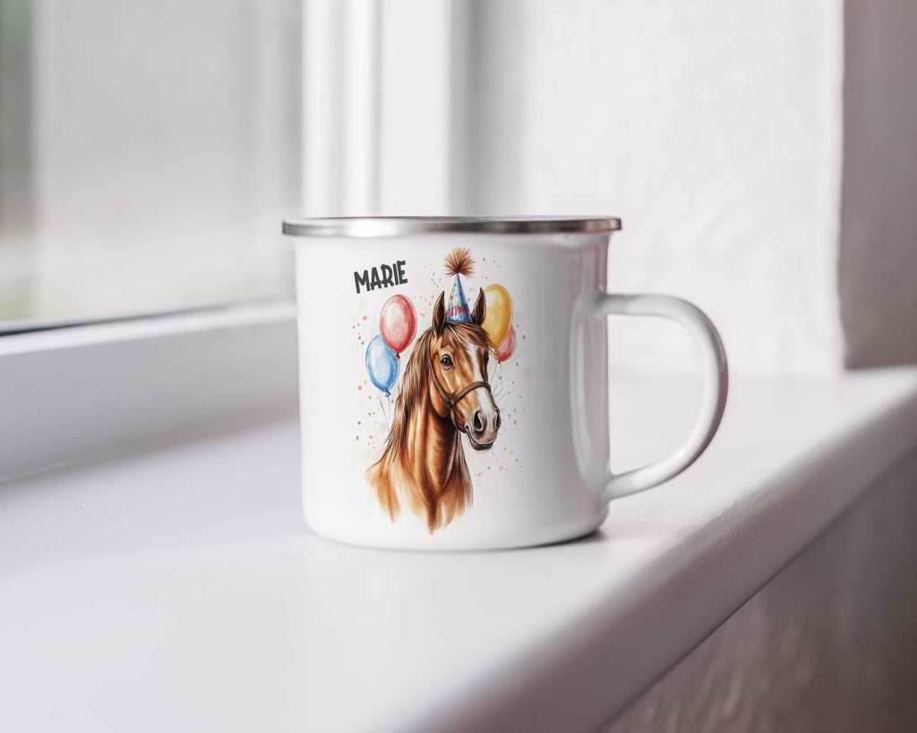 Emaille Tasse Schöne Party-Pferdebecher mit bunten Ballons mit Name personalisiert & Motiv | Geschenkidee (7494) - von Mikalino