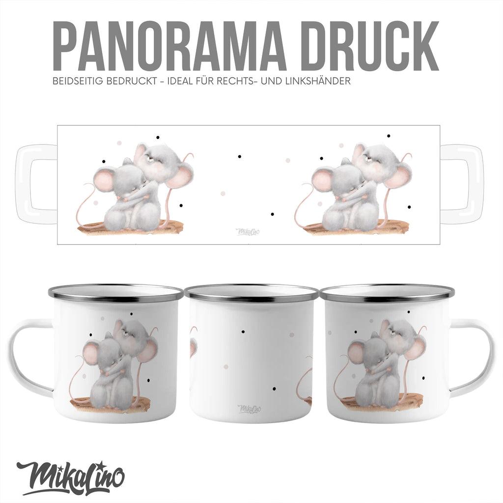 Emaille Tasse Bezaubernde Knuddelnd Mäuse Design Kaffeebecher mit Name personalisiert & Motiv | Geschenkidee (7484) - von Mikalino