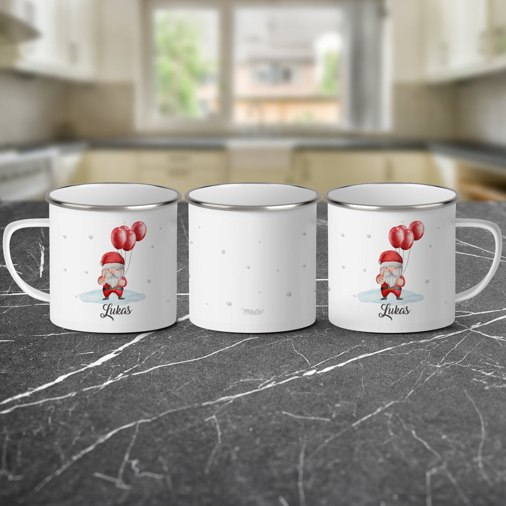 Emaille Tasse Weihnachtsmann mit Luftballons und Name Weihnachten mit Name personalisiert & Motiv | Geschenkidee (7470) - von Mikalino