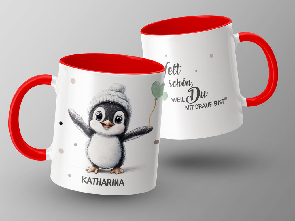 Keramik Tasse mit Wunschname Pinguin Illustration - von Mikalino