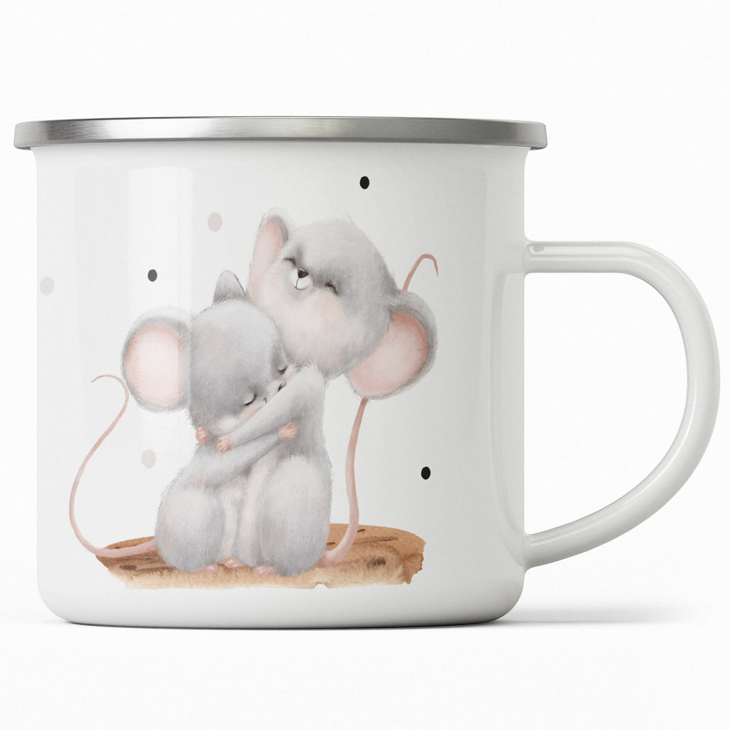 Emaille Tasse Bezaubernde Knuddelnd Mäuse Design Kaffeebecher mit Name personalisiert & Motiv | Geschenkidee (7484) - von Mikalino