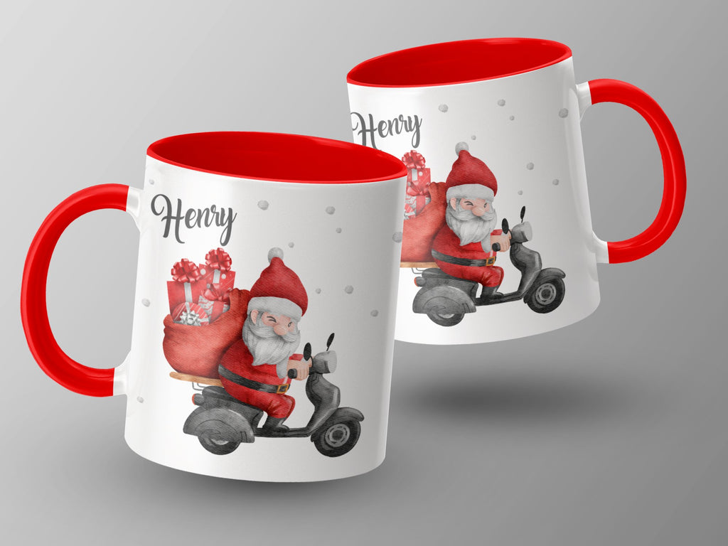 Keramik Tasse mit Name Weihnachtsmann auf Motorroller - von Mikalino